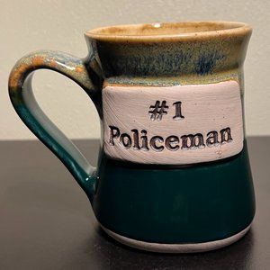 TUMBLEWEED POTTERY Number 1 Policeman Handcrafted Drip Glaze Green Coffee Mug